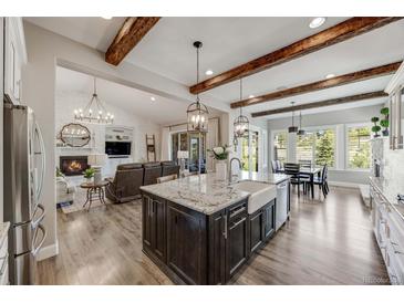 Open concept kitchen with a large center island, wooden beams, and stainless steel appliances at 360 Basilwood Way, Highlands Ranch, CO 80126