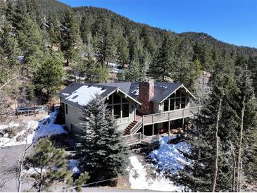 Mountain home featuring a deck, stone chimney, and surrounded by pine trees at 2218 Witter Gulch Rd, Evergreen, CO 80439