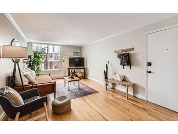 Bright living room featuring hardwood floors, a large window, and contemporary furnishings for a comfortable living space at 1390 N Emerson St # 407, Denver, CO 80218