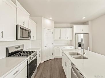 Bright white kitchen features stainless steel appliances, gray backsplash, and a central island with a double sink at 1935 Coolidge Way, Aurora, CO 80018