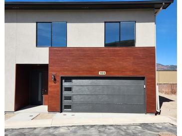 Exterior of home with a gray garage door, wood paneling, modern windows, and number 103 above the garage at 241 N Front St # 103, Monument, CO 80132