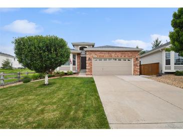 Charming single-Gathering home with a well-maintained lawn, a mature tree, and a two-car garage at 11847 Trail View Ln, Parker, CO 80134