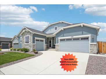 Beautiful single-Gathering home featuring a three-car garage, stone accents, and well-maintained landscaping at 15987 E 115Th Pl, Commerce City, CO 80022