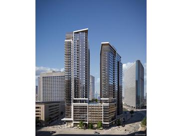 Stunning view of the building showcasing modern architecture and a sleek design against a clear blue sky at 525 18Th St # 1201, Denver, CO 80202