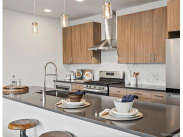 Modern kitchen boasts wood cabinets, a stainless steel range hood, and a stylish countertop island at 1898 S Bannock St # 209, Denver, CO 80223
