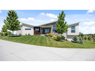 Striking contemporary home featuring a stone facade, unique roofline, and meticulously landscaped front yard at 10205 Inspiration Dr, Parker, CO 80138