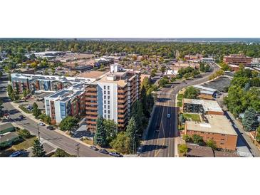 A beautiful aerial view of the high rise condo building and surrounding neighborhood at 4570 E Yale Ave # 1004, Denver, CO 80222