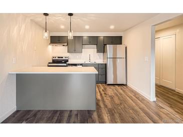Modern kitchen featuring stainless steel appliances, gray cabinetry, and wood-look flooring at 1302 S Parker Rd # 229, Denver, CO 80231