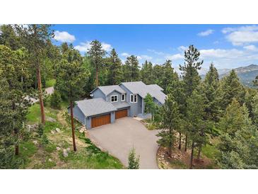 Stunning two-story home with a three-car garage surrounded by lush greenery and a long driveway at 6637 Berry Bush Ln, Evergreen, CO 80439