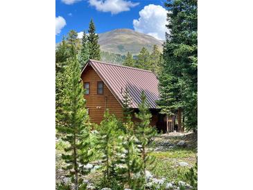 Charming log cabin nestled among the trees with a mountain backdrop at 29 Gregory Cir, Breckenridge, CO 80424