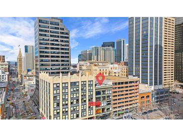 Downtown Denver aerial view showcasing the building's location and surrounding cityscape at 1617 California St # 3B, Denver, CO 80202