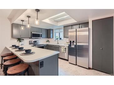 Updated kitchen with stainless steel appliances, gray cabinets, breakfast bar, and modern lighting at 9556 W 89Th Cir, Broomfield, CO 80021