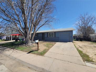 Charming single-story home with a blue exterior and a large tree in the front yard at 5552 Abilene St, Denver, CO 80239