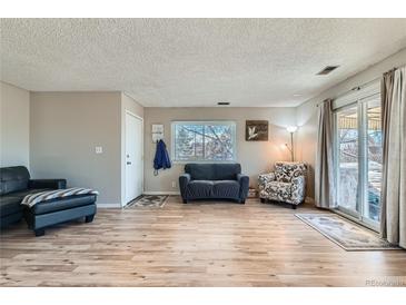 Bright living room featuring wood floors, neutral walls, sliding glass door, and comfortable seating at 9943 Croke Dr, Denver, CO 80260