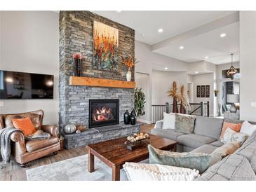 Spacious living room featuring a stone fireplace and comfortable seating at 2730 Fox View Trl, Franktown, CO 80116