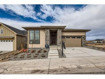 Charming single-Gathering home featuring stone pillars, a modern design and an attached two car garage at 454 Basin Daisy St, Castle Rock, CO 80104