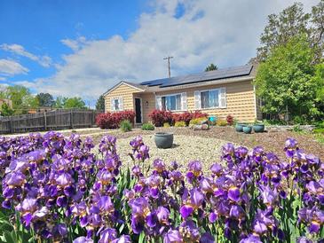 Charming home featuring solar panels, complemented by vibrant purple flowers, and beautiful landscaping at 3493 S Eudora St, Denver, CO 80222