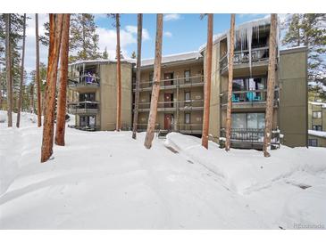 Multi-level condo building with snowy grounds, balconies, and natural tree accents at 1173 Ski Hill Rd # 127, Breckenridge, CO 80424