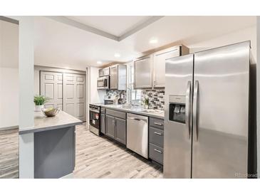 This is a kitchen with stainless steel appliances and gray cabinets at 4445 Milwaukee St, Denver, CO 80216