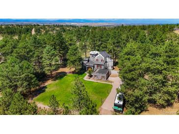 Majestic castle-like home nestled in a lush forest setting with a long driveway at 6650 Village Rd, Parker, CO 80134