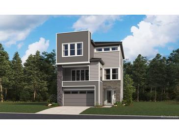 Modern three-story home with stone accents, gray siding, and a two-car garage on a tree-lined lot at 9153 White Ridge Rd, Englewood, CO 80112