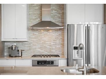 Modern kitchen featuring stainless steel appliances, cooktop, and stylish backsplash at 1401 Delgany St # 202, Denver, CO 80202