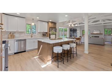 Bright, open kitchen features a large island with seating, stainless steel appliances, and sleek countertops at 41 Eagle Dr, Littleton, CO 80123
