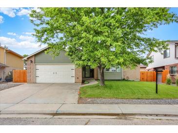 Charming home featuring a well-manicured lawn, brick accents, mature tree, and an attached two-car garage at 915 S Mckinley Ave, Fort Lupton, CO 80621