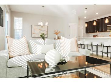 Bright living room featuring modern decor, comfortable seating, and seamless flow to the adjacent kitchen area at 6041 N Orleans St, Aurora, CO 80019
