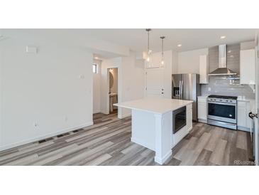 Modern kitchen with stainless steel appliances and island at 6906 Kendrick Ln, Arvada, CO 80007