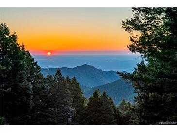 Scenic sunset view of mountains and valleys, framed by trees creating a tranquil and picturesque atmosphere at 13416 Kuehster Rd, Littleton, CO 80127
