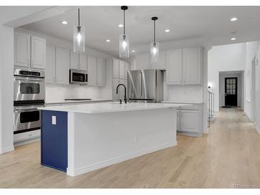 Bright white kitchen featuring stainless steel appliances, a large island, and pendant lighting above at 5035 Vermillion Dr, Castle Rock, CO 80108