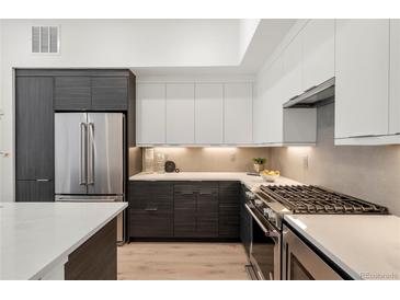 Modern kitchen featuring sleek white and wood cabinets, stainless steel appliances, and stylish countertop decor at 1735 E 18Th Ave, Denver, CO 80218