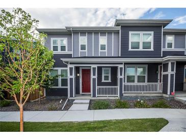 Charming townhouse with a landscaped front yard and a welcoming red front door at 17600 Rose Heath Ln, Parker, CO 80134