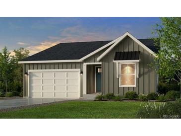Craftsman style home with gray siding, white garage door, and landscaping at 16939 Black Rose Cir, Parker, CO 80134