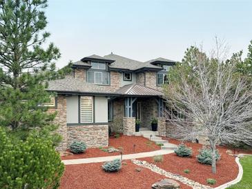 Charming stone-clad home featuring a well-manicured yard and inviting front porch at 4586 Carefree Trl, Parker, CO 80134