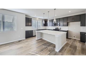 Modern kitchen with island, stainless steel appliances, and dark gray cabinetry at 2370 W 167Th Ln, Broomfield, CO 80023