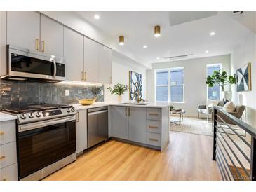 Modern kitchen with stainless steel appliances, sleek cabinets, and an adjacent living area with great natural light at 5148 W 44Th Ave, Denver, CO 80212