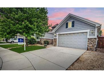 Charming home featuring stone accents, gray siding, mature tree, and a spacious driveway leading to a two-car garage at 15502 E Flower Mound Pl, Parker, CO 80134
