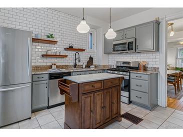 Charming kitchen featuring gray cabinets, stainless appliances, tile backsplash and center island at 39 S Grant St, Denver, CO 80209