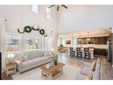 Bright living room featuring a soaring ceiling, modern decor, and an open floor plan, perfect for gatherings at 4672 Basalt Ridge Cir, Castle Rock, CO 80108
