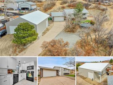 Wide aerial view of a house and its garage, showcasing a generous driveway and a spacious yard at 228 Birch Ave, Castle Rock, CO 80104