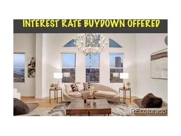 Bright living room with stylish furniture, large windows, and a modern chandelier showcasing city views at 1521 Central St # 3C, Denver, CO 80211