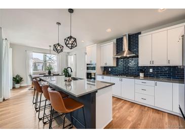 Modern kitchen featuring a large island with seating, stainless steel appliances, and a stylish backsplash at 2840 E 102Nd Pl, Thornton, CO 80229