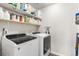 Convenient laundry room with modern washer and dryer units and ample shelving for storage at 1914 Villageview Ln, Castle Rock, CO 80104