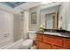 Clean bathroom with a shower-tub combo, modern vanity, and updated fixtures at 10534 Inspiration Dr, Parker, CO 80138