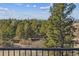 Picturesque view from the balcony, showcasing dense woods and snow-capped mountains at 8544 Burning Tree Trl, Franktown, CO 80116