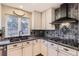 This kitchen features modern appliances, granite countertops, and a window that lets in ample natural light and a modern range hood at 7273 E Hinsdale Pl, Centennial, CO 80112