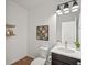 Modern powder room with sleek vanity, stylish mirror, and floating shelves at 14710 Domino Dr, Parker, CO 80134