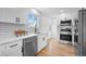 Modern kitchen featuring stainless steel appliances, white cabinetry, and a bright window offering a sleek and functional cooking space at 9230 Aspen Dr, Thornton, CO 80229